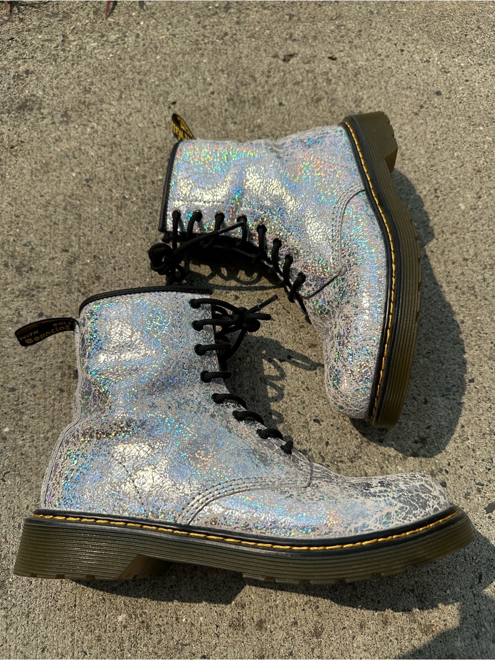 Dr. Martens Holographic Lace-Up Combat Boots - Iridescent Silver